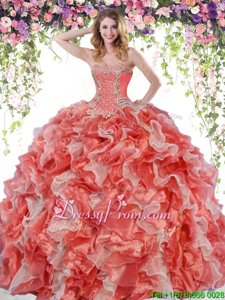 Latest White And Red Lace Up Ball Gown Prom Dress Beading and Ruffles Sleeveless Floor Length