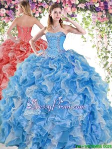 Cute Organza Sweetheart Sleeveless Lace Up Beading and Ruffles 15 Quinceanera Dress inBlue And White