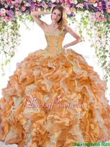 Stunning Organza Sweetheart Sleeveless Lace Up Beading and Ruffles 15th Birthday Dress inWhite and Orange