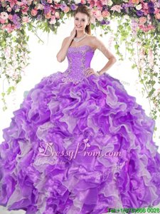 Beading and Ruffles 15 Quinceanera Dress White And Purple Lace Up Sleeveless Floor Length