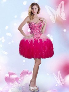 Elegant Hot Pink Tulle Lace Up Sweetheart Sleeveless Mini Length Beading and Ruffles