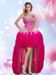 Sumptuous Hot Pink Sleeveless Beading High Low Homecoming Dress