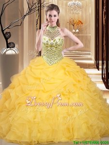 Fashionable Yellow Ball Gowns Halter Top Sleeveless Organza Floor Length Lace Up Beading and Ruffles and Pick Ups 15 Quinceanera Dress