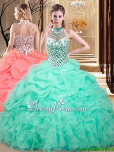 Clearance Ball Gowns Vestidos de Quinceanera Apple Green Halter Top Organza Sleeveless Floor Length Lace Up