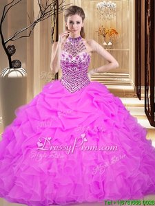 Stylish Lilac Organza Lace Up Ball Gown Prom Dress Sleeveless Floor Length Beading and Ruffles and Pick Ups