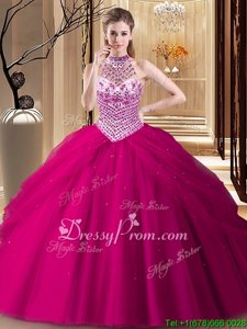 Inexpensive Halter Top Sleeveless Brush Train Lace Up Quinceanera Gown Fuchsia Tulle