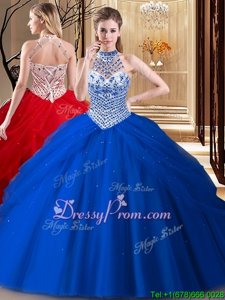 Flare With Train Royal Blue Quinceanera Gowns Halter Top Sleeveless Brush Train Lace Up