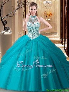 Cute Halter Top Sleeveless Tulle Vestidos de Quinceanera Beading and Pick Ups Brush Train Lace Up