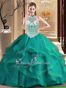 Great Dark Green Sleeveless With Train Beading and Ruffles Lace Up Vestidos de Quinceanera