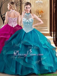 Fantastic Halter Top Sleeveless Tulle Sweet 16 Quinceanera Dress Beading and Ruffles Brush Train Lace Up