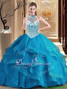 Elegant With Train Blue Ball Gown Prom Dress Halter Top Sleeveless Brush Train Lace Up