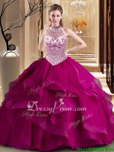 On Sale Sleeveless Brush Train Lace Up With Train Beading and Ruffles Quinceanera Dress