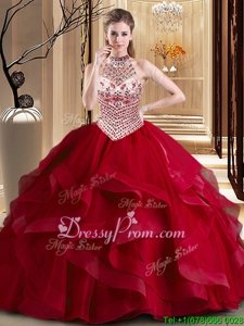 Enchanting With Train Lace Up 15th Birthday Dress Wine Red and In forMilitary Ball and Sweet 16 and Quinceanera withBeading and Ruffles Brush Train