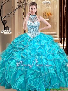 Delicate Aqua Blue Ball Gowns Organza Halter Top Sleeveless Beading and Ruffles Floor Length Lace Up Sweet 16 Quinceanera Dress