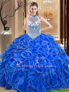 Inexpensive Royal Blue Sleeveless Beading and Ruffles Floor Length Sweet 16 Dresses