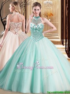 Fitting Apple Green Ball Gowns Tulle Halter Top Sleeveless Beading With Train Lace Up Quinceanera Gown Brush Train