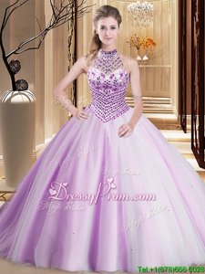 Modern Lilac Ball Gowns Halter Top Sleeveless Tulle Asymmetrical Brush Train Lace Up Beading Quinceanera Gowns