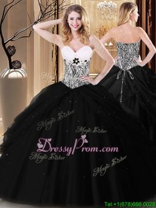 Artistic Black Ball Gowns Tulle Sweetheart Sleeveless Pick Ups and Pattern Floor Length Lace Up 15th Birthday Dress