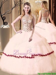 Graceful Scoop Sleeveless Sweet 16 Quinceanera Dress Floor Length Beading and Appliques Pink Tulle