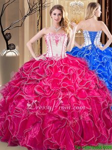 Fantastic Strapless Sleeveless 15th Birthday Dress Floor Length Embroidery and Ruffles Coral Red Organza