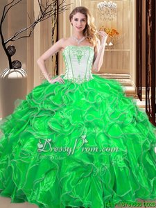 Glittering Spring Green Ball Gowns Embroidery and Ruffles 15th Birthday Dress Lace Up Organza Sleeveless Floor Length