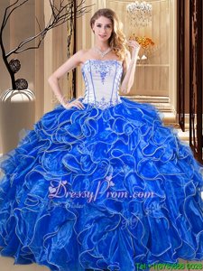 Sophisticated Royal Blue Strapless Lace Up Embroidery and Ruffles Quinceanera Gown Sleeveless