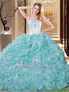 Modest White and Baby Blue Strapless Neckline Embroidery and Ruffles Vestidos de Quinceanera Sleeveless Lace Up