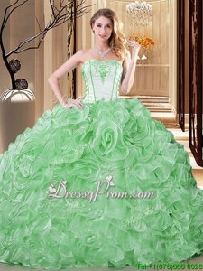 Amazing Strapless Sleeveless Lace Up Sweet 16 Dress White and Green Organza