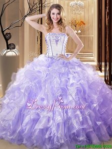 Smart Sleeveless Floor Length Embroidery and Ruffles Lace Up Sweet 16 Dresses with White and Lavender