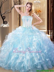 Stylish Sleeveless Floor Length Embroidery and Ruffles Lace Up 15th Birthday Dress with White and Blue