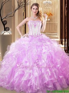 Nice White and Lilac Lace Up Sweet 16 Dress Embroidery and Ruffles Sleeveless Floor Length