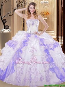 Deluxe White and Purple Sleeveless Floor Length Embroidery and Ruffled Layers Lace Up Quince Ball Gowns