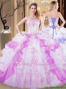 High Class White and Lilac Sleeveless Organza Lace Up Ball Gown Prom Dress forMilitary Ball and Sweet 16 and Quinceanera