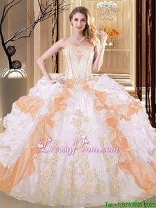 Unique Organza Strapless Sleeveless Lace Up Embroidery and Ruffled Layers Quinceanera Gowns inWhite and Yellow