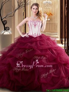 Fancy White and Red Ball Gowns Tulle Strapless Sleeveless Embroidery and Ruffled Layers Floor Length Lace Up Quince Ball Gowns