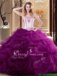 Graceful White and Fuchsia Strapless Lace Up Embroidery and Ruffled Layers Quince Ball Gowns Sleeveless