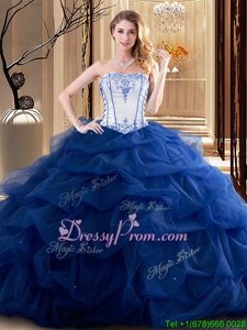 High Quality Embroidery and Ruffled Layers Sweet 16 Dresses Blue And White Lace Up Sleeveless Floor Length