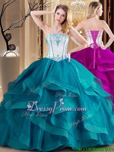 Pretty Ball Gowns Sweet 16 Dresses White and Teal Strapless Tulle Sleeveless Floor Length Lace Up