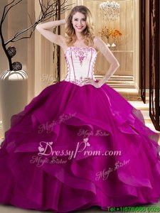 White and Fuchsia Strapless Lace Up Embroidery Quinceanera Gowns Sleeveless