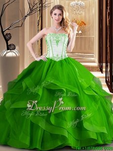 Top Selling Floor Length White and Green and Fuchsia Quinceanera Gowns Tulle Sleeveless Spring and Summer and Fall and Winter Embroidery