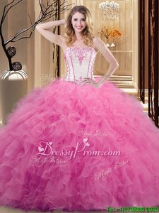 Eye-catching White and Rose Pink Tulle Lace Up Strapless Sleeveless Floor Length Quinceanera Gown Embroidery