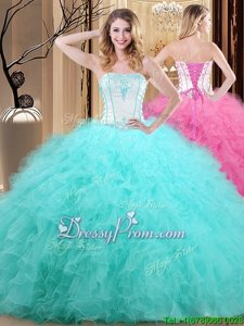 Glamorous Blue And White Lace Up Strapless Embroidery 15 Quinceanera Dress Tulle Sleeveless