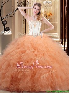 Exquisite White and Rose Pink and Orange Vestidos de Quinceanera Military Ball and Sweet 16 and Quinceanera and For withEmbroidery and Ruffled Layers Strapless Sleeveless Lace Up