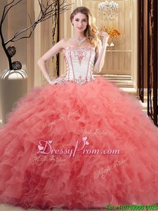 Admirable Watermelon Red and Rose Pink and Orange 15th Birthday Dress Prom and Military Ball and Sweet 16 and Quinceanera and For withEmbroidery and Ruffled Layers Strapless Sleeveless Lace Up
