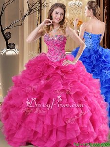 Floor Length Hot Pink Vestidos de Quinceanera Organza Sleeveless Spring and Summer and Fall and Winter Beading and Ruffles