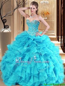 Charming Aqua Blue and Turquoise Sleeveless Organza Lace Up Sweet 16 Dress forMilitary Ball and Sweet 16 and Quinceanera