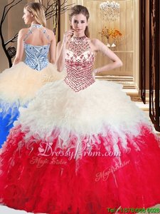 Pretty Floor Length Lace Up Sweet 16 Dresses White And Red and In forMilitary Ball and Sweet 16 and Quinceanera withBeading and Ruffles