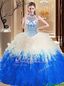 Fancy Blue And White Lace Up Halter Top Beading and Ruffles Quinceanera Gowns Tulle Sleeveless