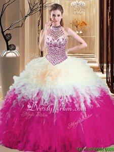 Flare Sleeveless Floor Length Beading and Ruffles Lace Up Sweet 16 Quinceanera Dress with Multi-color