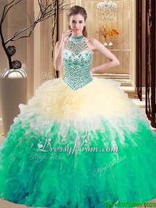 Fashion Halter Top Sleeveless Tulle Quinceanera Gown Beading and Ruffles Lace Up